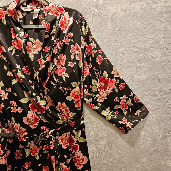 Addona Satin Robe Women XL Floral Black pink red Satin tie sexy hibiscus leisure - Picture 4 of 12